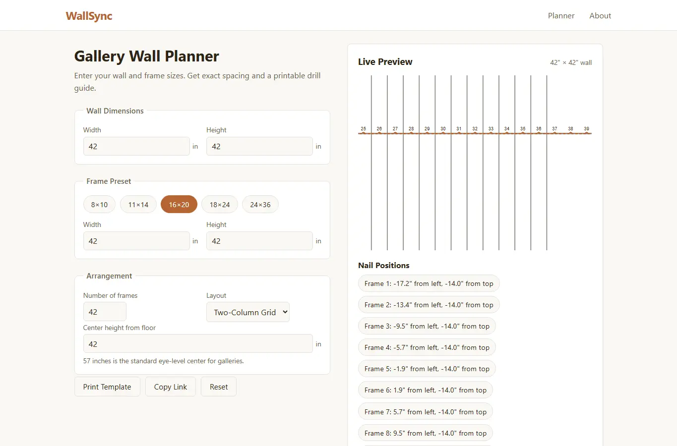 Screenshot of WallSync — Gallery Wall Spacing Planner interface showing the project page in use